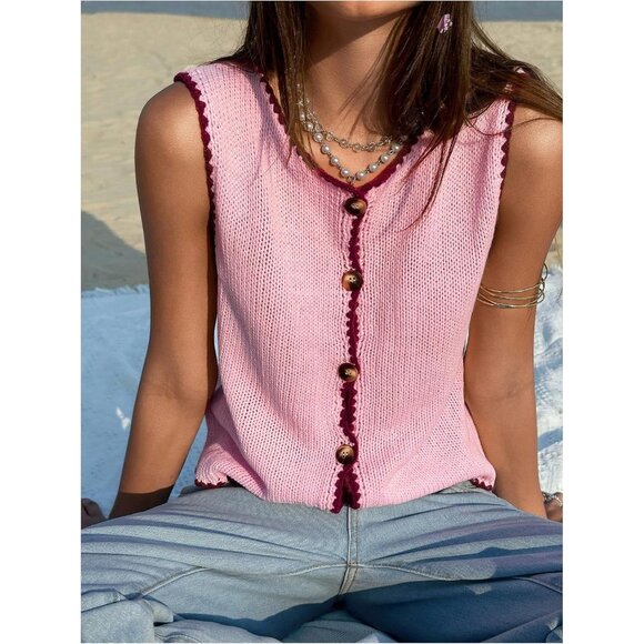 Women's Cropped Sweater Vest Acrylic Sleeveless Button Up Knit Top - Picture 5 of 6